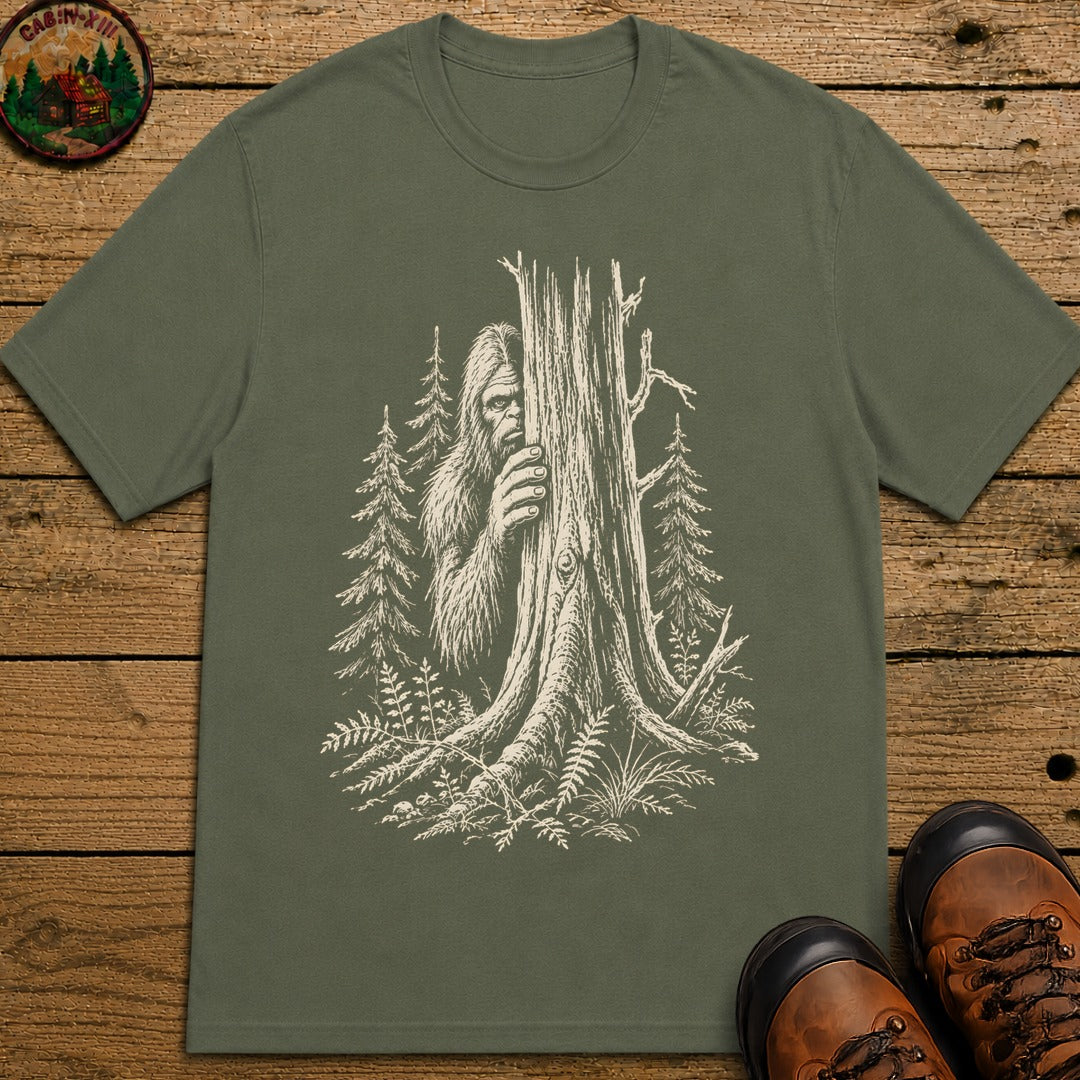 Bigfoot Hiding — Vintage Sasquatch Forest Sketch Tee - Moss