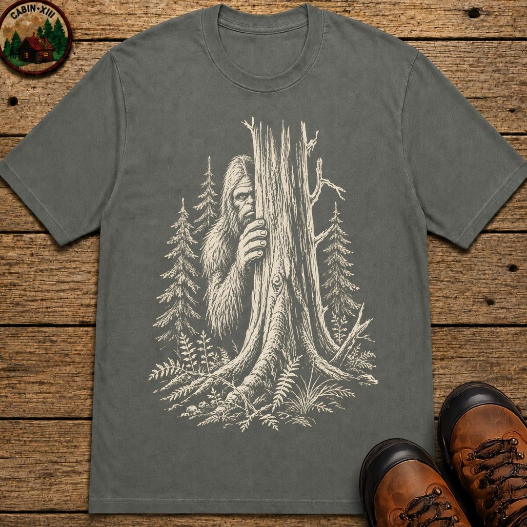 Bigfoot Hiding — Vintage Sasquatch Forest Sketch Tee - Pepper