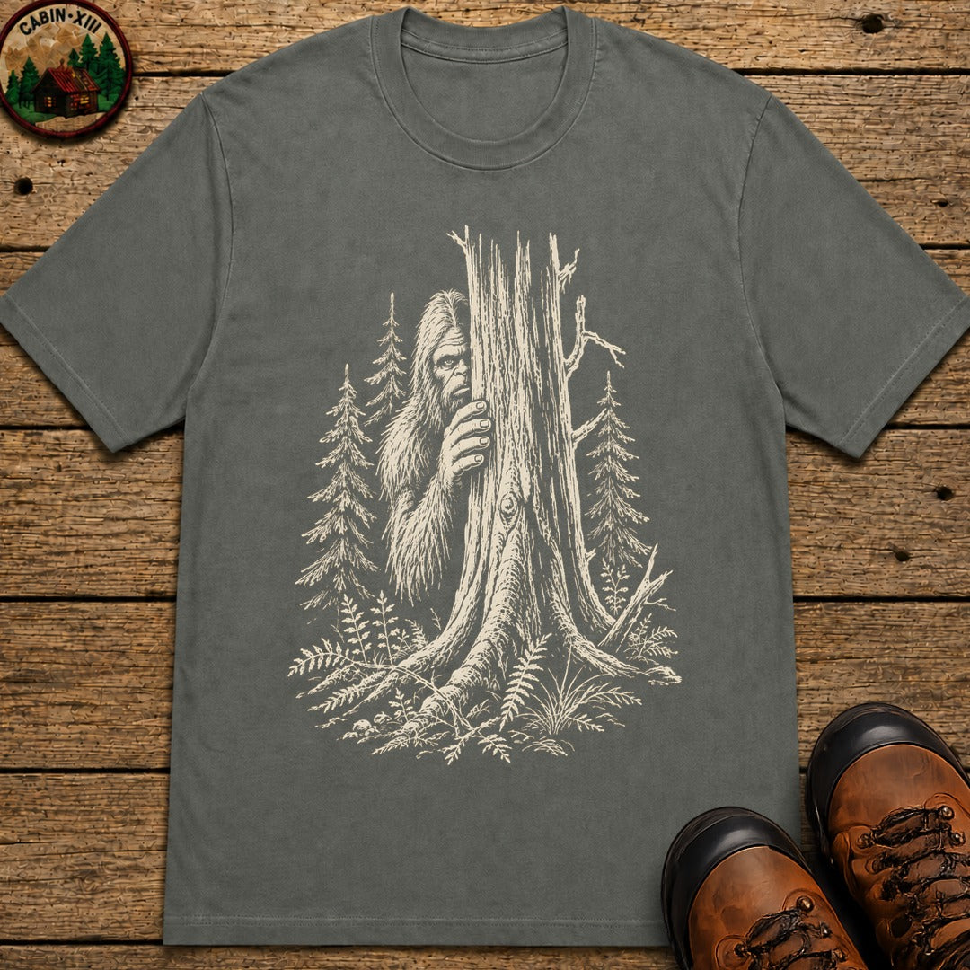 Bigfoot Hiding — Vintage Sasquatch Forest Sketch Tee - Pepper