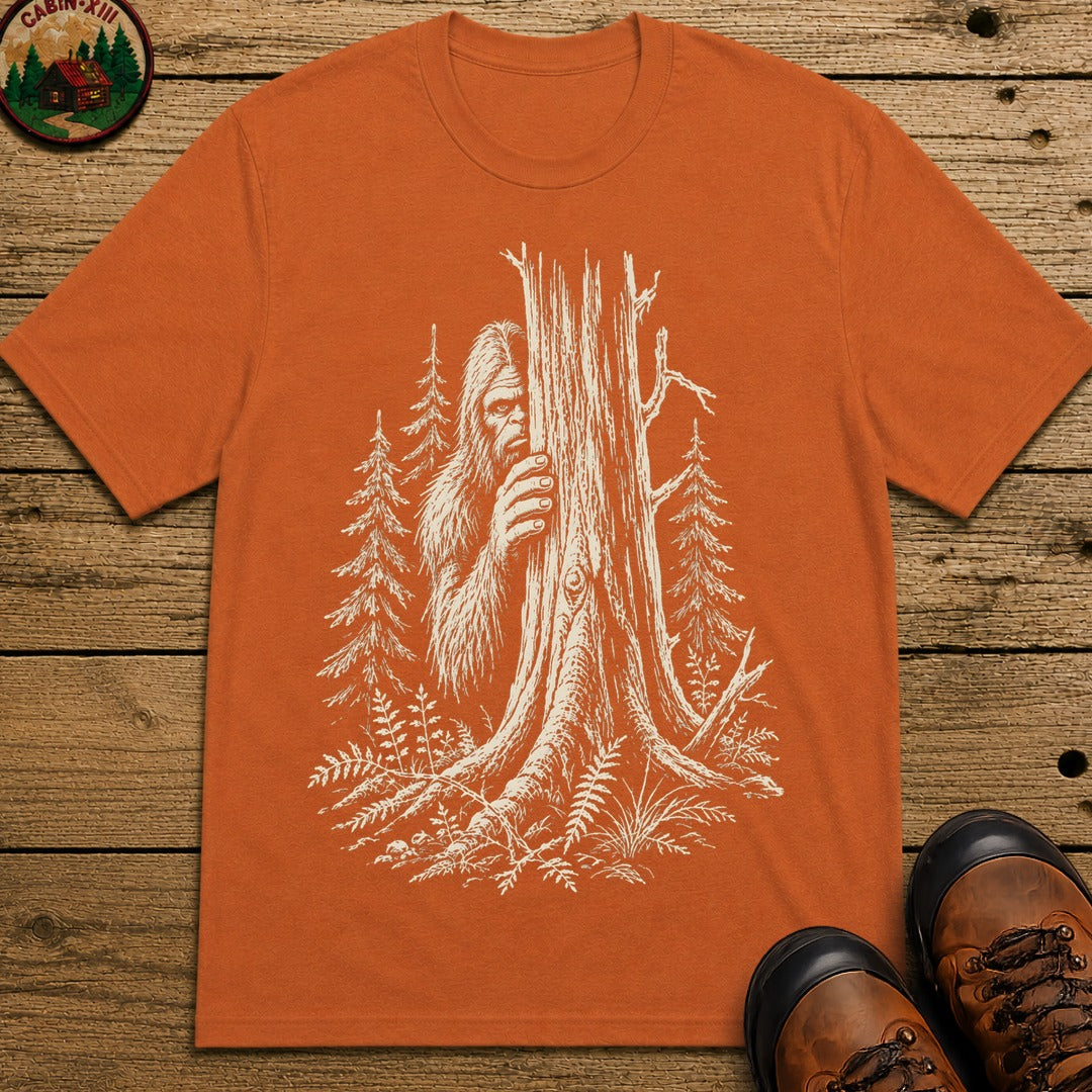 Bigfoot Hiding — Vintage Sasquatch Forest Sketch Tee - Yam