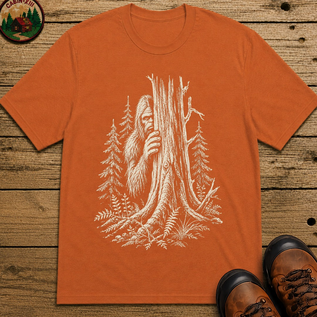 Bigfoot Hiding — Vintage Sasquatch Forest Sketch Tee - Yam