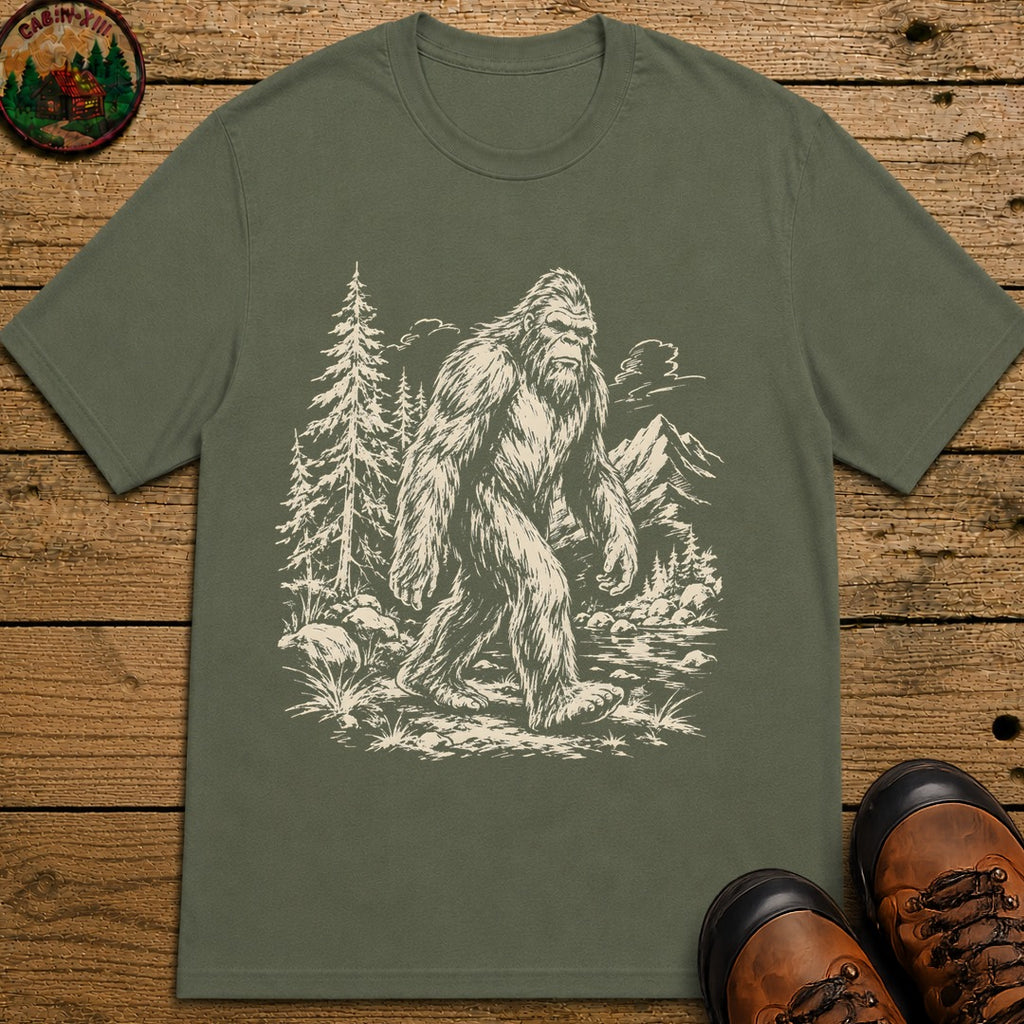 Bigfoot — Vintage Sasquatch Wilderness Sketch Tee - Moss