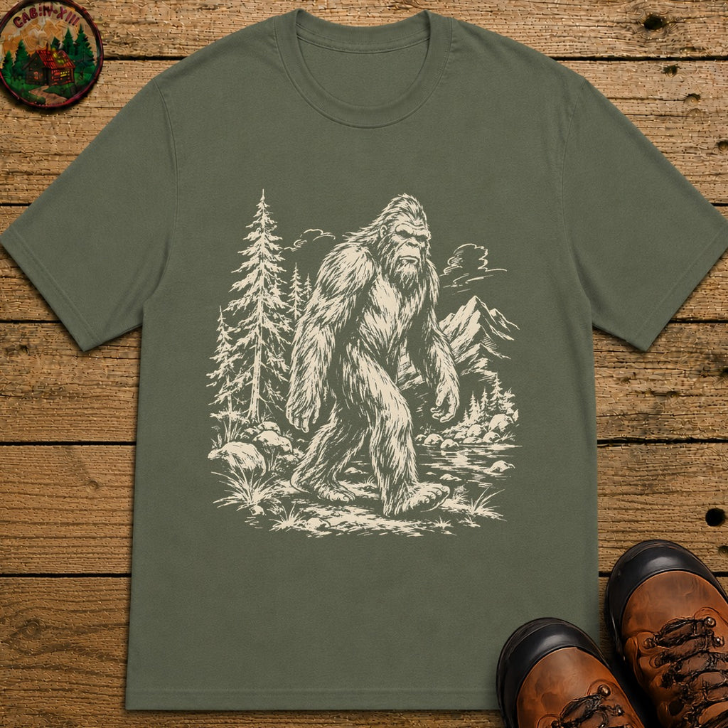 Bigfoot — Vintage Sasquatch Wilderness Sketch Tee - Moss