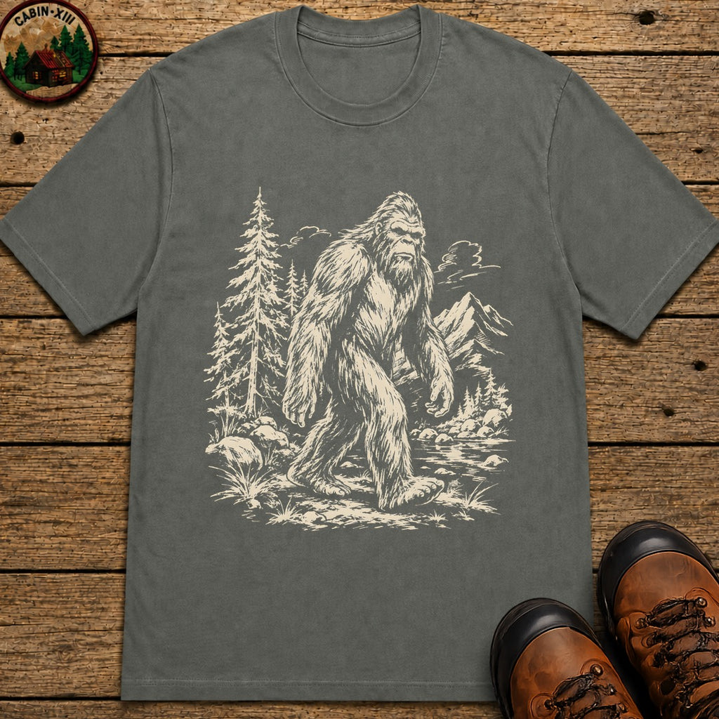 Bigfoot — Vintage Sasquatch Wilderness Sketch Tee - Pepper
