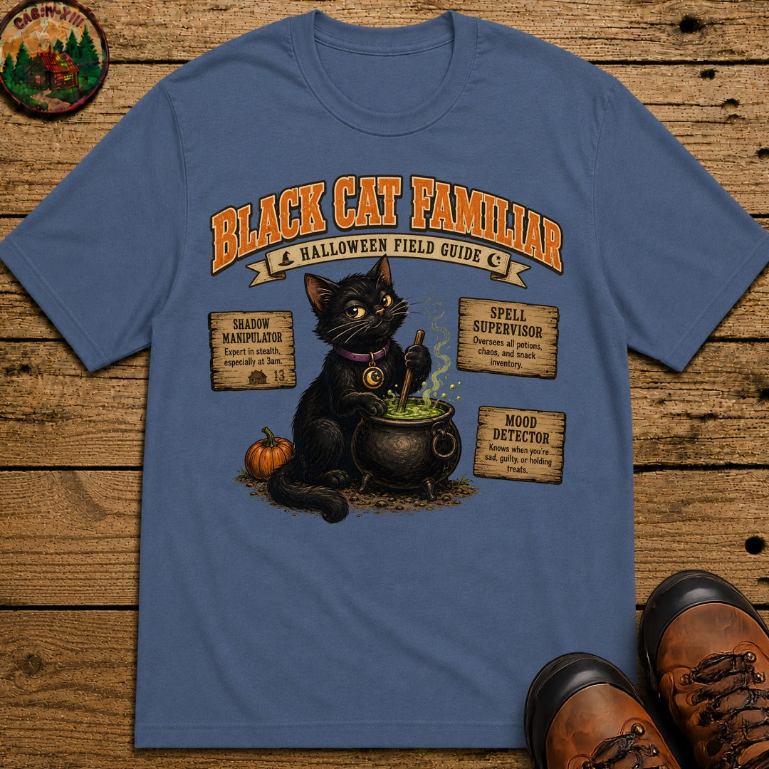 Black Cat Familiar Field Guide T Shirt - Blue Jean