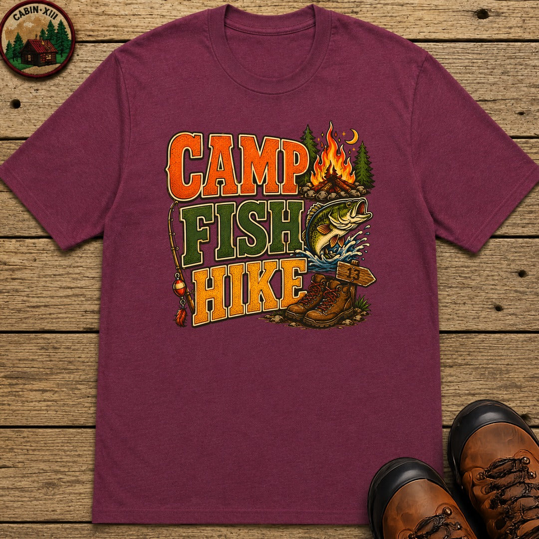 Camp Fish Hike — Vintage Outdoor Camping and Fishing Tee - Berry