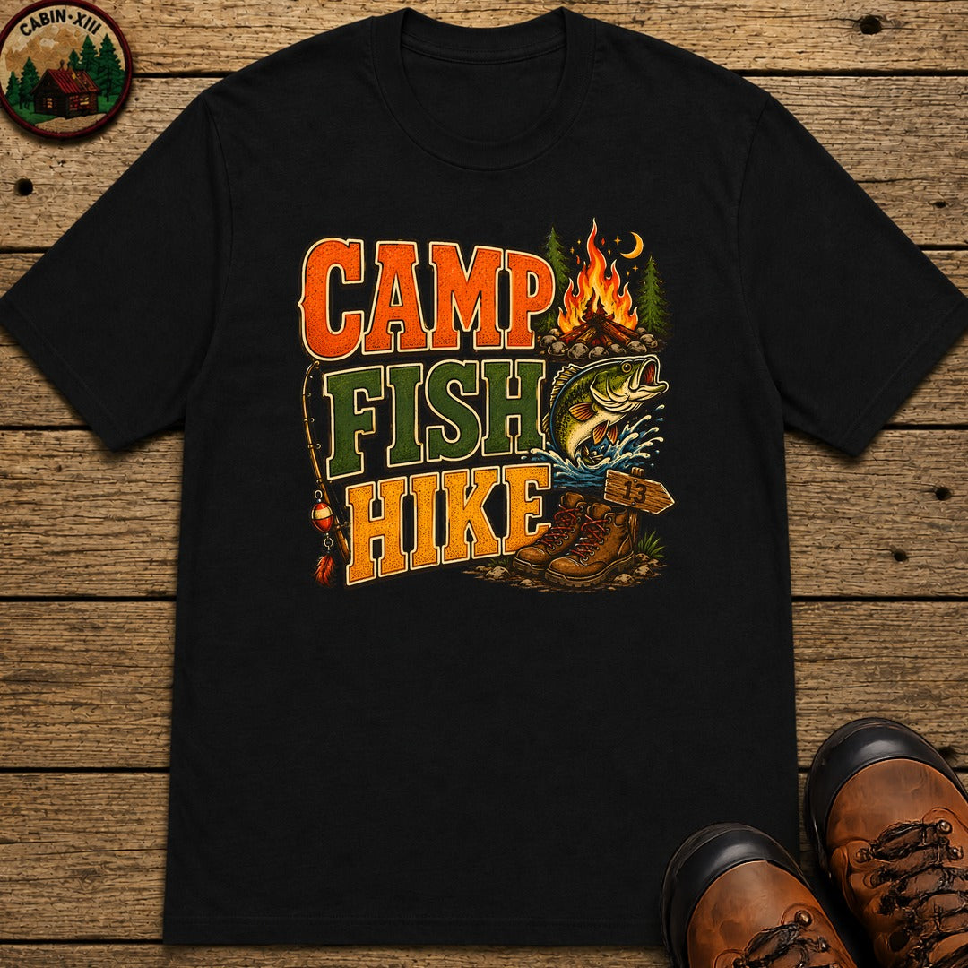 Camp Fish Hike — Vintage Outdoor Camping and Fishing Tee - Black