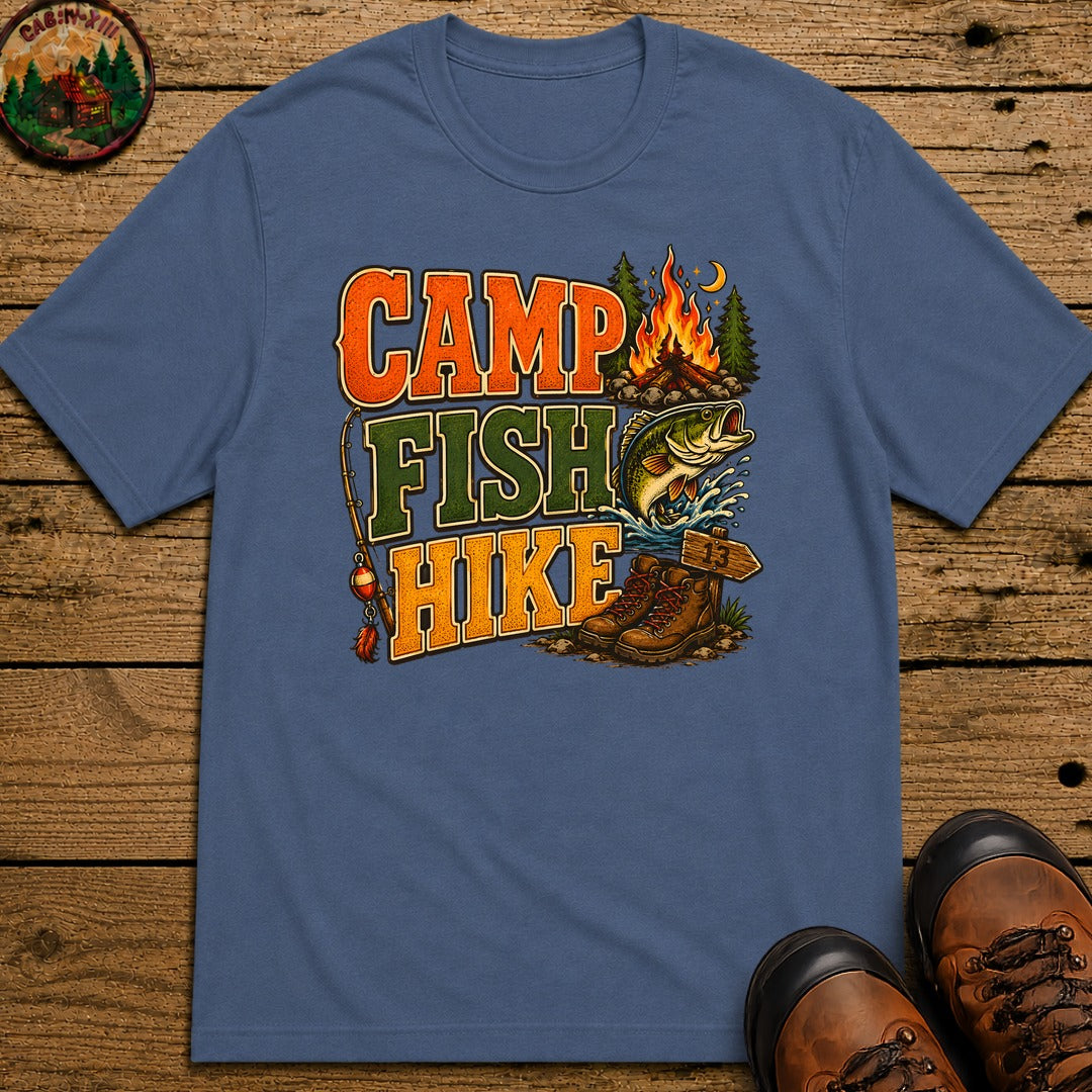 Camp Fish Hike — Vintage Outdoor Camping and Fishing Tee - Blue Jean