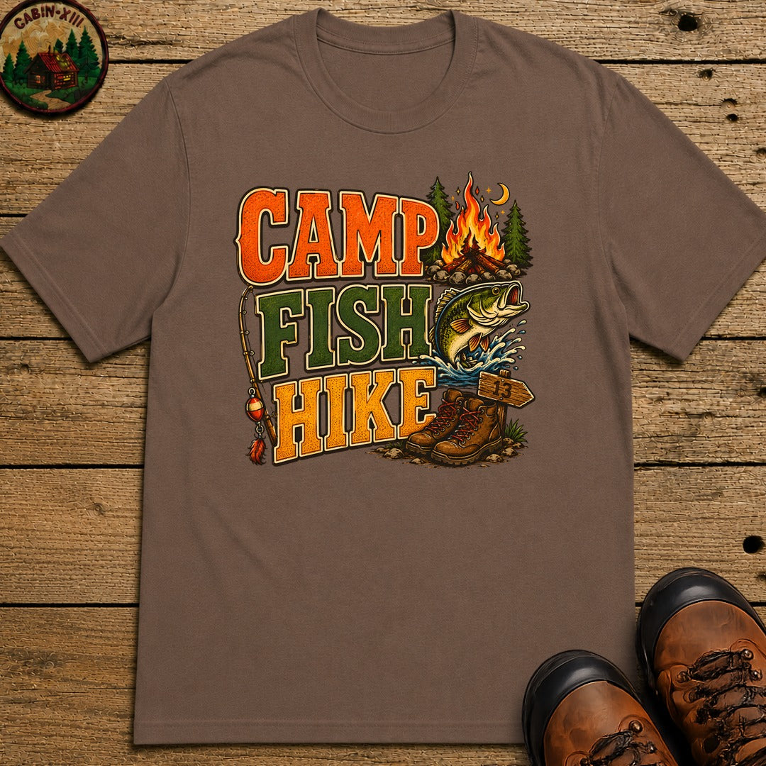 Camp Fish Hike — Vintage Outdoor Camping and Fishing Tee - Espresso