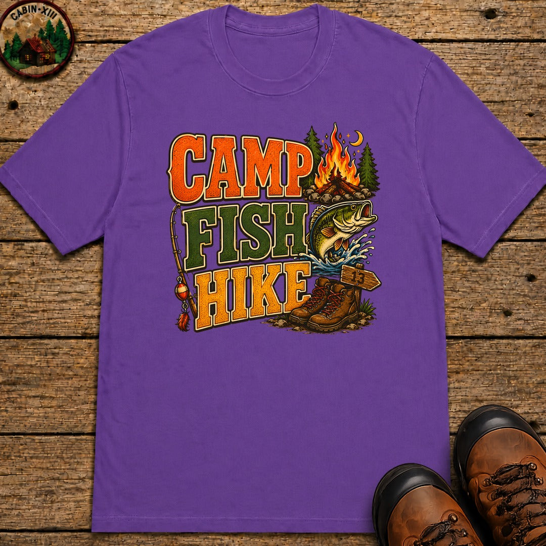 Camp Fish Hike — Vintage Outdoor Camping and Fishing Tee - Grape