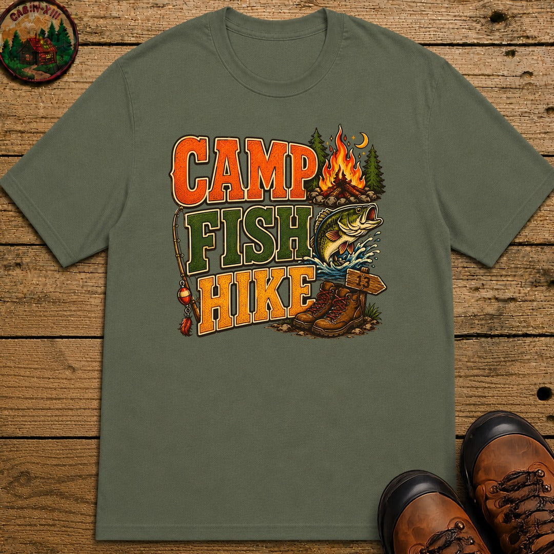 Camp Fish Hike — Vintage Outdoor Camping and Fishing Tee - Moss