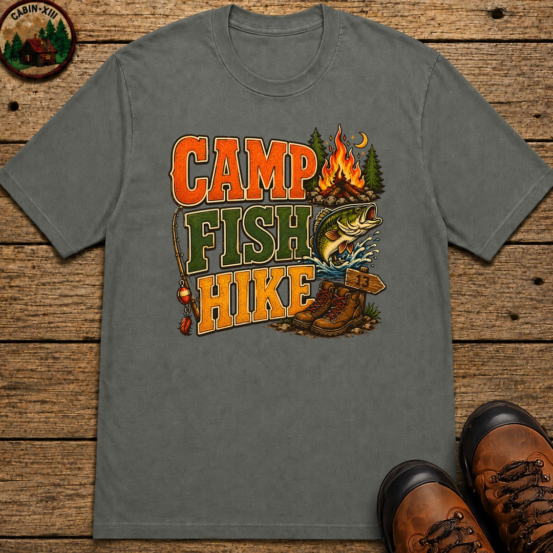 Camp Fish Hike — Vintage Outdoor Camping and Fishing Tee - Pepper