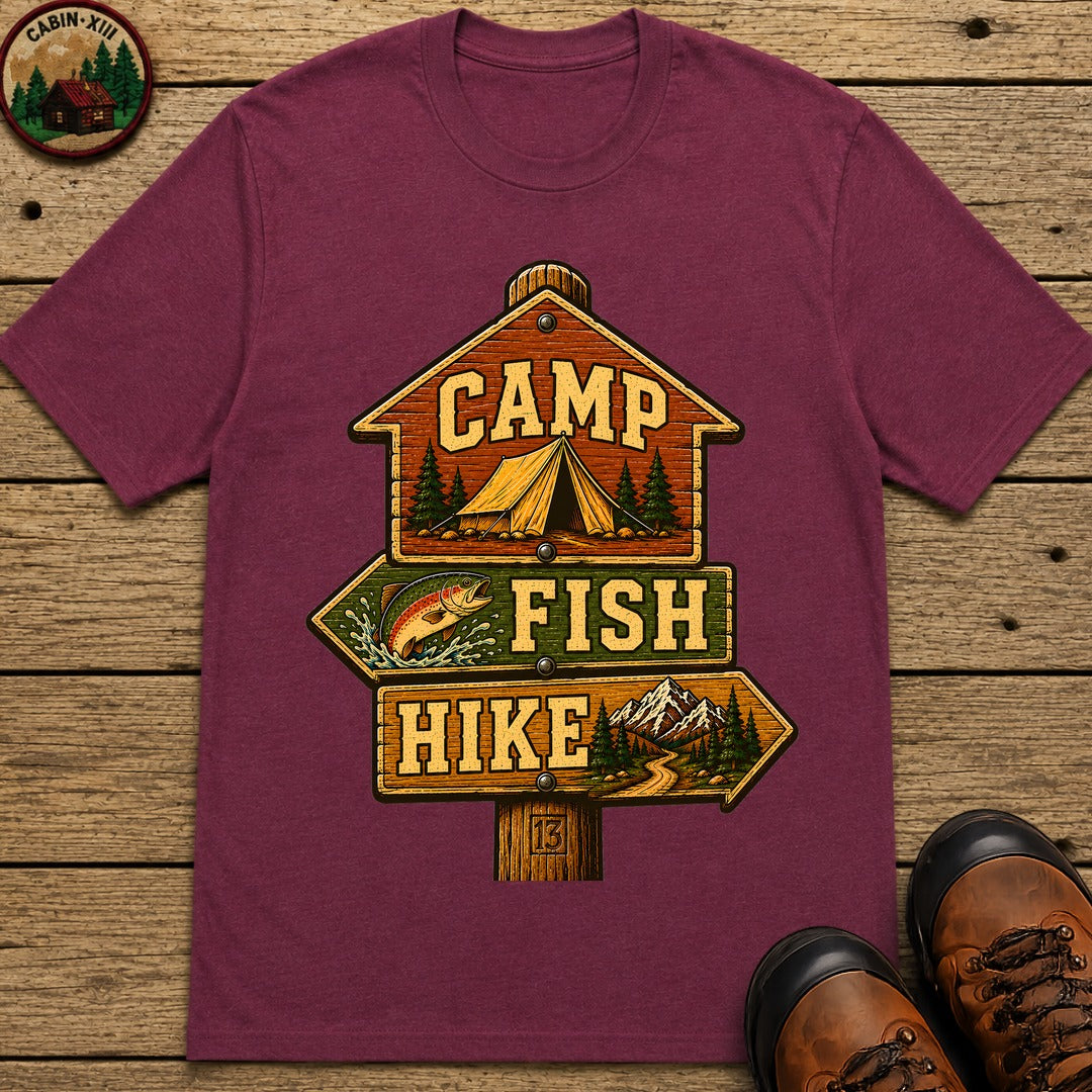 Camp Fish Hike — Vintage Trailhead Sign Outdoor Tee - Berry