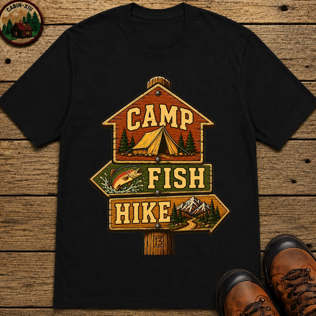 Camp Fish Hike — Vintage Trailhead Sign Outdoor Tee - Black