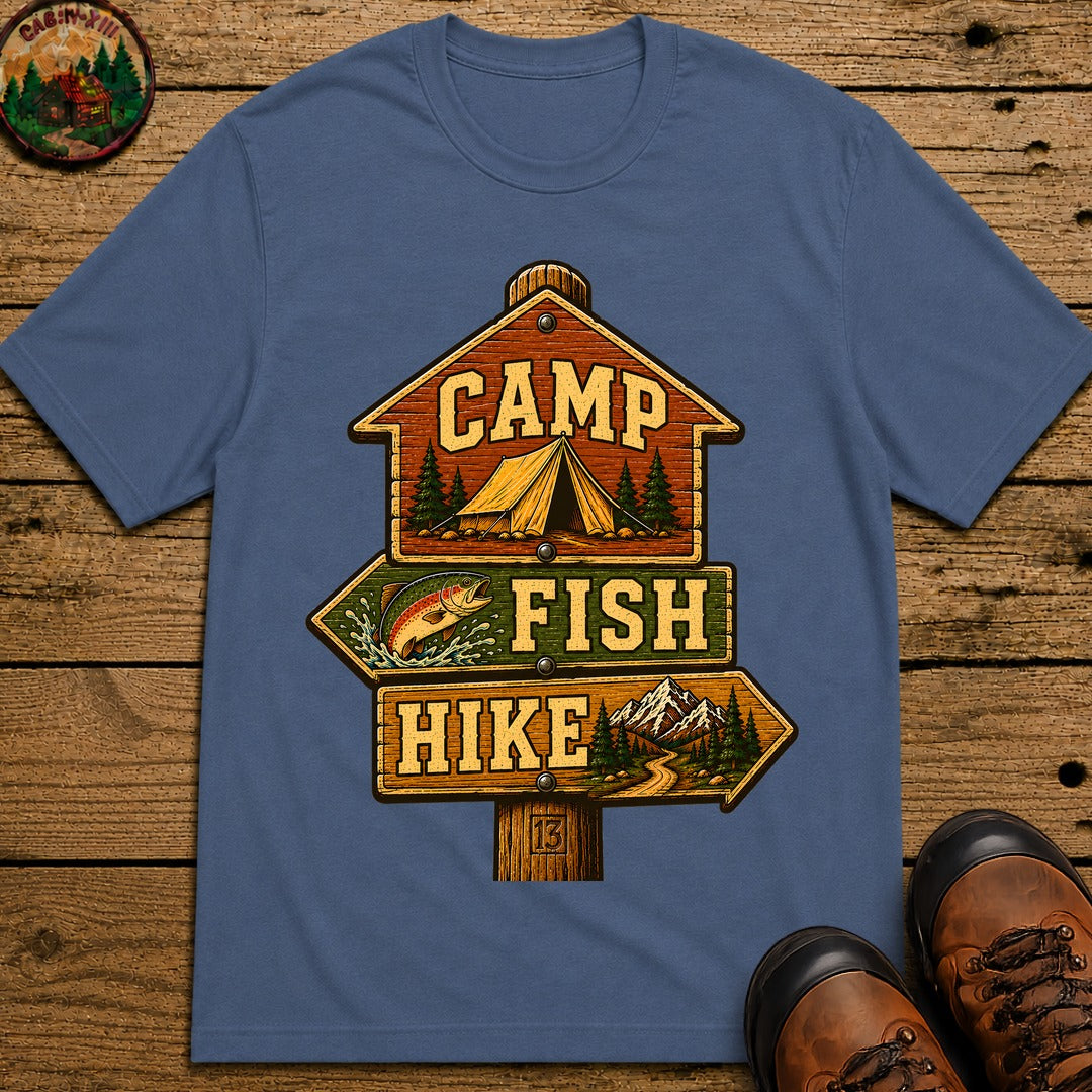 Camp Fish Hike — Vintage Trailhead Sign Outdoor Tee - Blue Jean