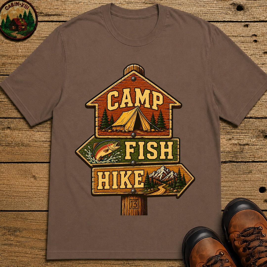 Camp Fish Hike — Vintage Trailhead Sign Outdoor Tee - Espresso