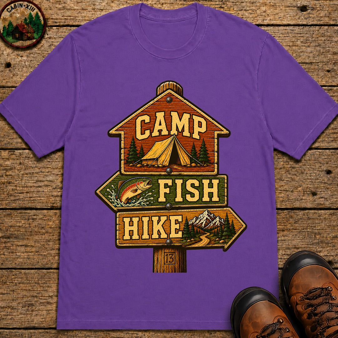 Camp Fish Hike — Vintage Trailhead Sign Outdoor Tee - Grape