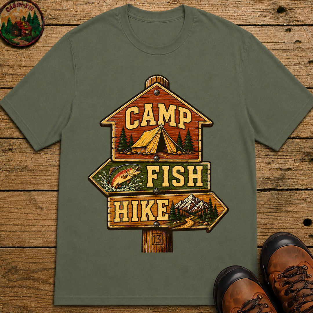 Camp Fish Hike — Vintage Trailhead Sign Outdoor Tee - Moss