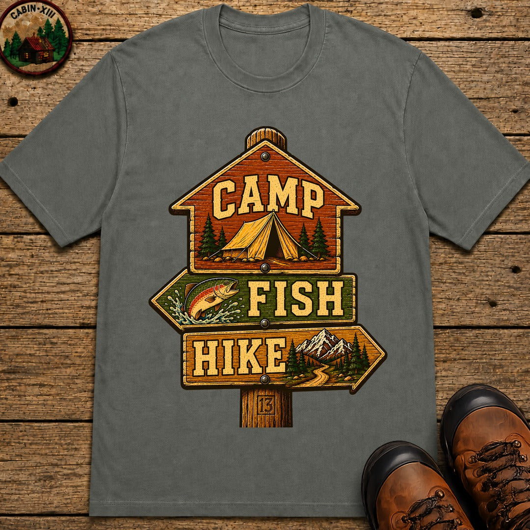 Camp Fish Hike — Vintage Trailhead Sign Outdoor Tee - Pepper