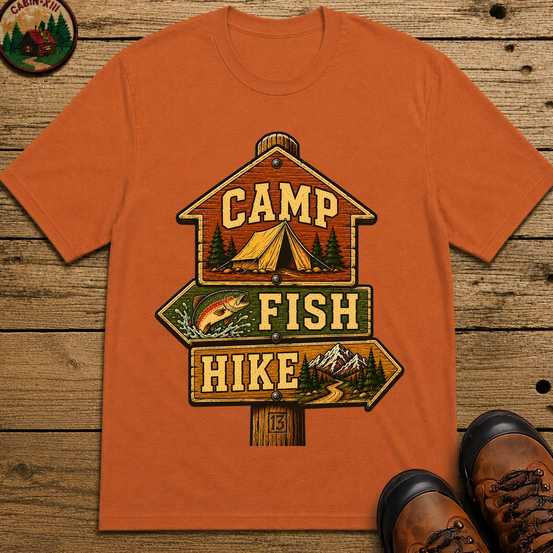 Camp Fish Hike — Vintage Trailhead Sign Outdoor Tee - Yam