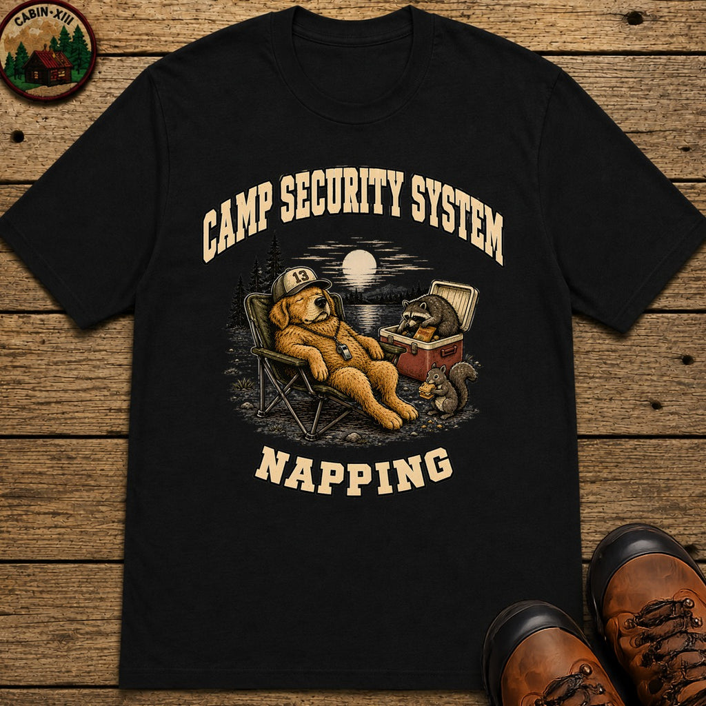 Camp Security System Napping — Funny Camping Dog Tee - Black