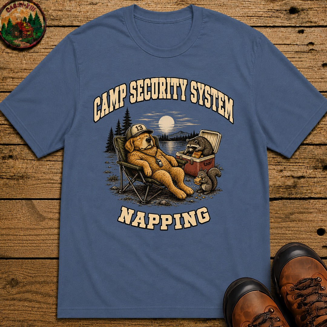 Camp Security System Napping — Funny Camping Dog Tee - Blue Jean