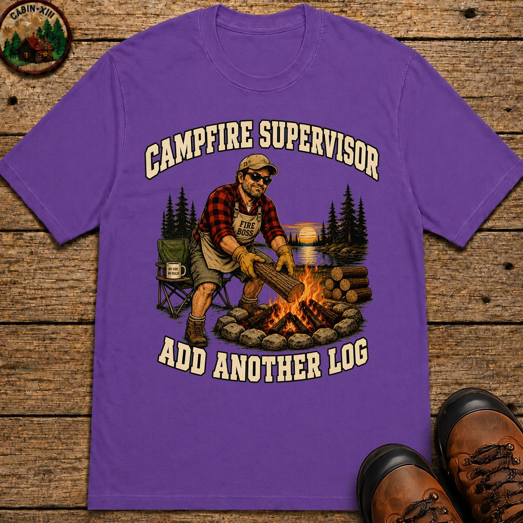 Campfire Supervisor Add Another Log — Funny Camping Dad Tee - Grape