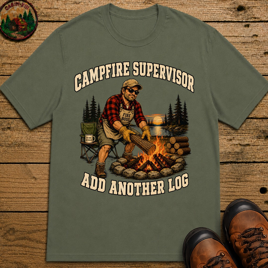Campfire Supervisor Add Another Log — Funny Camping Dad Tee - Moss