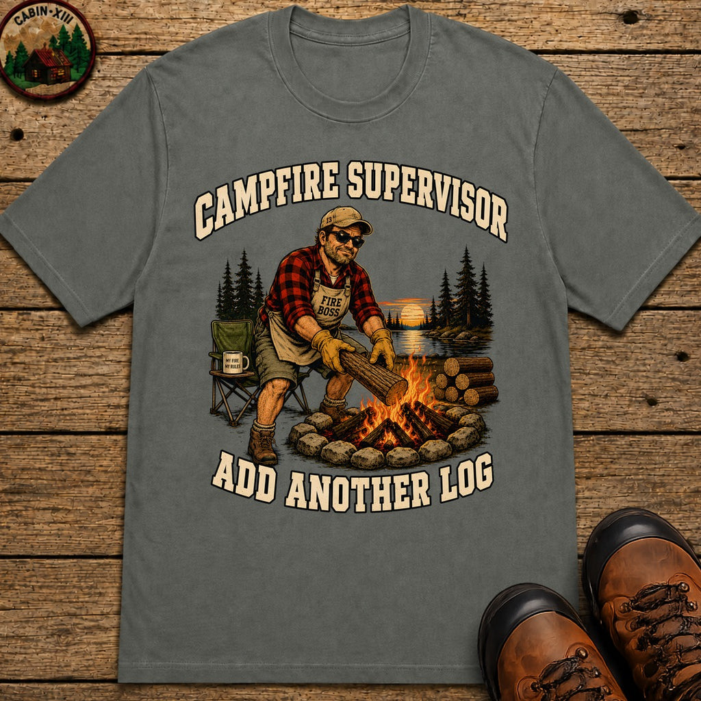 Campfire Supervisor Add Another Log — Funny Camping Dad Tee - Pepper