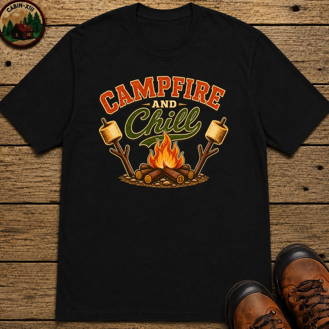 Campfire and Chill — Vintage Camping Marshmallow Humor Tee - Black