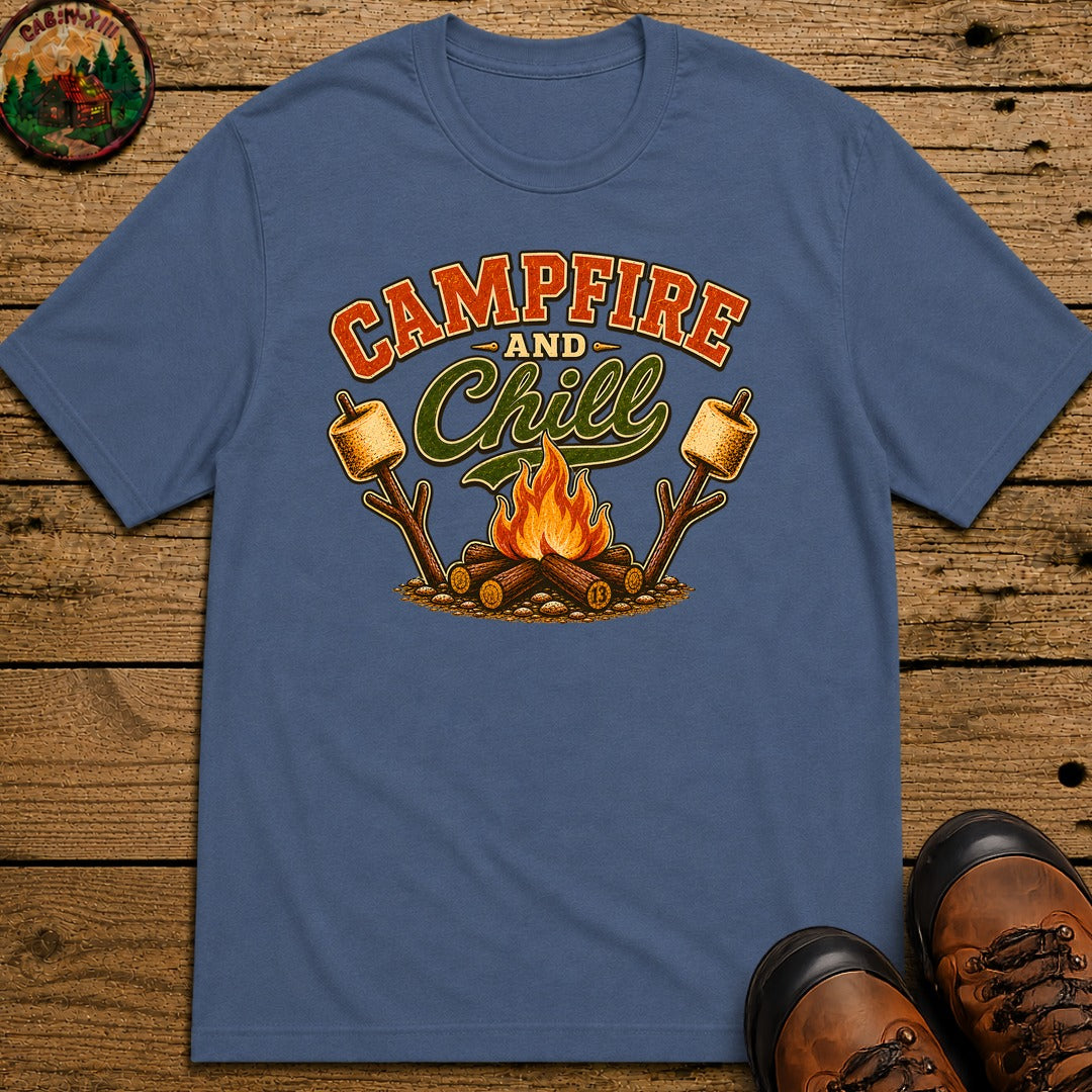 Campfire and Chill — Vintage Camping Marshmallow Humor Tee - Blue Jean