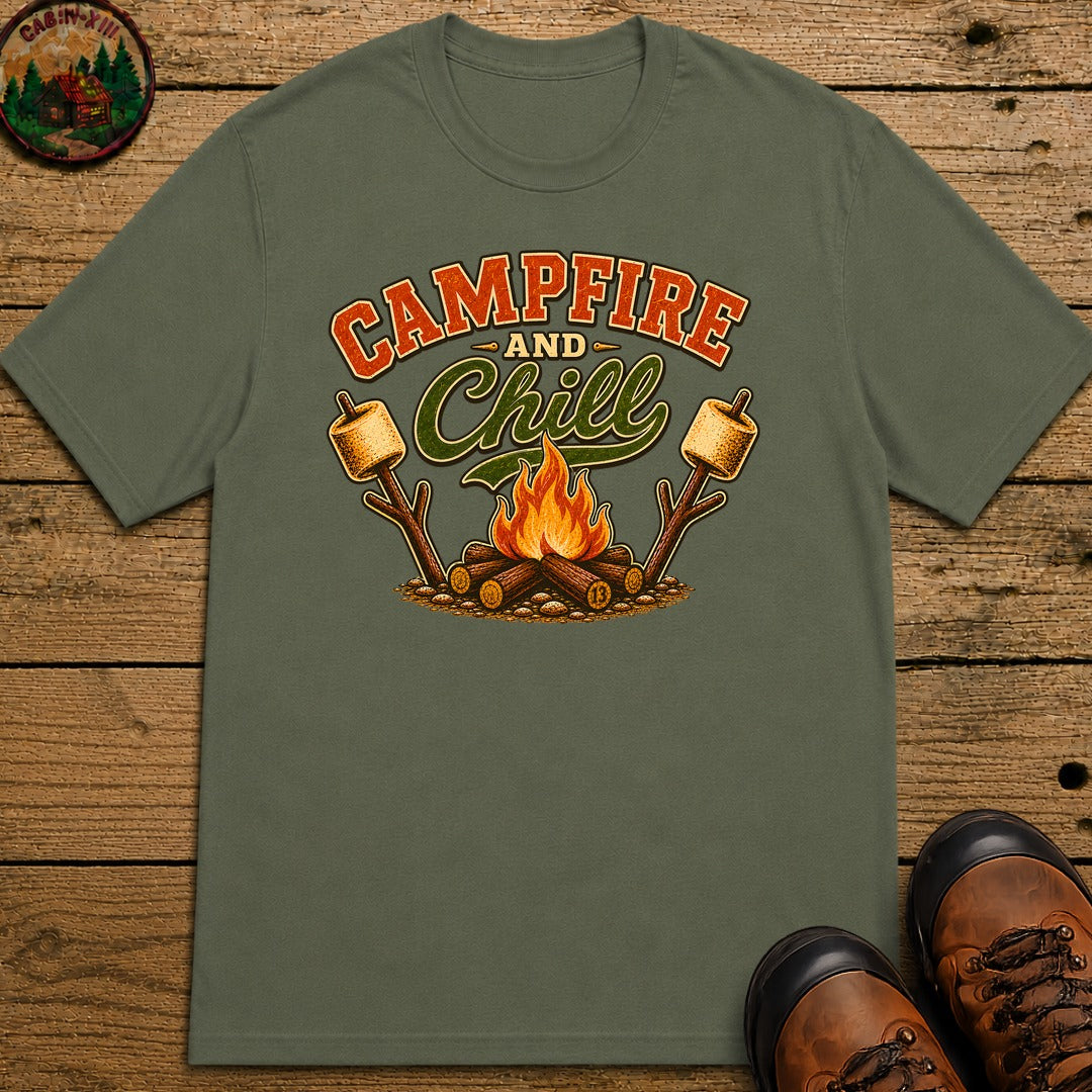 Campfire and Chill — Vintage Camping Marshmallow Humor Tee - Moss