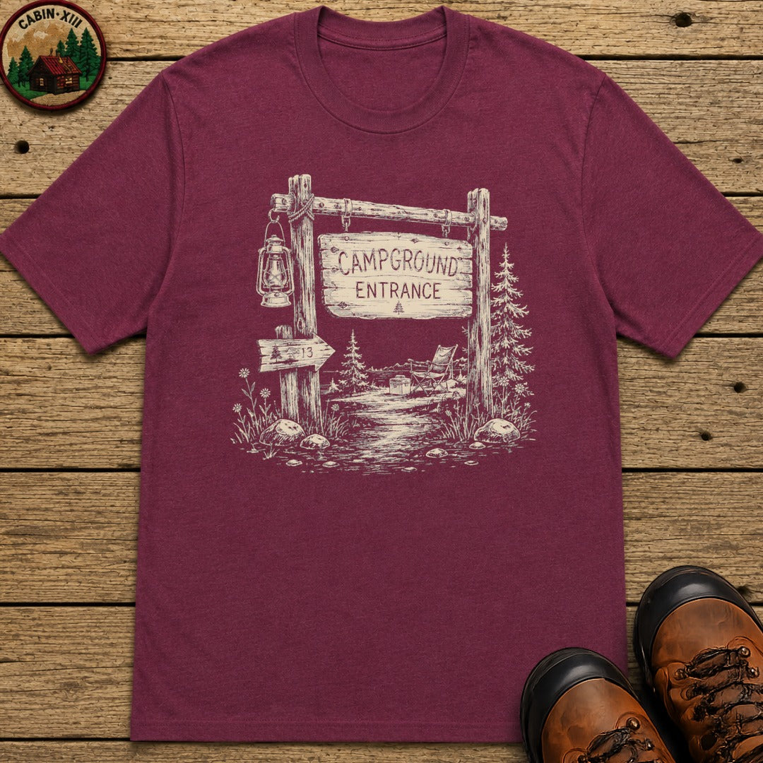 Campground Entrance Sketch T-Shirt - Berry
