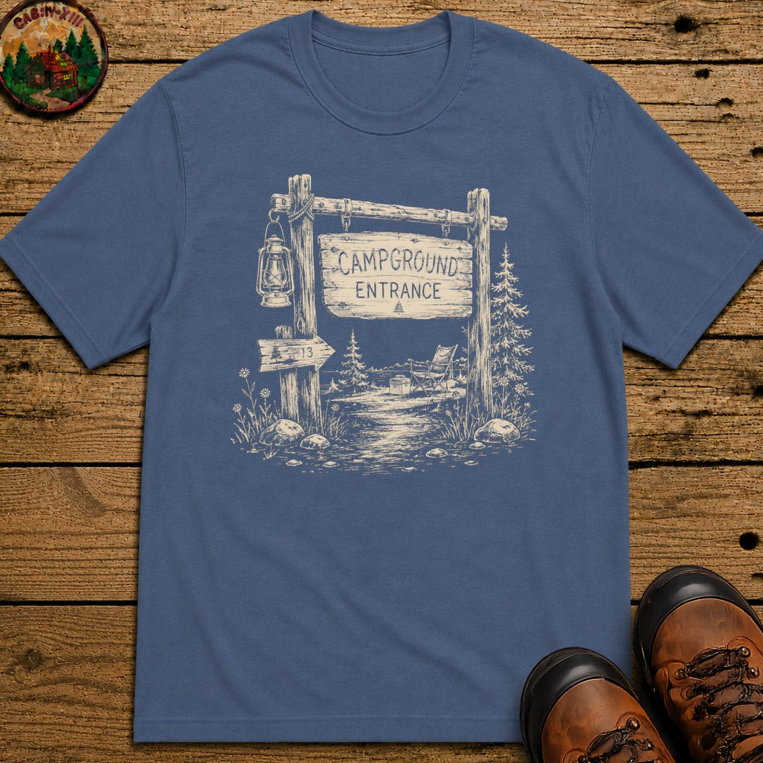 Campground Entrance Sketch T-Shirt - Blue Jean