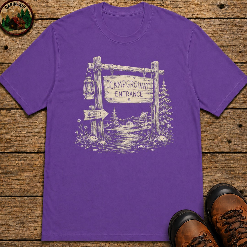 Campground Entrance Sketch T-Shirt - Grape
