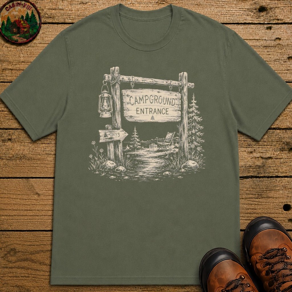 Campground Entrance Sketch T-Shirt - Moss