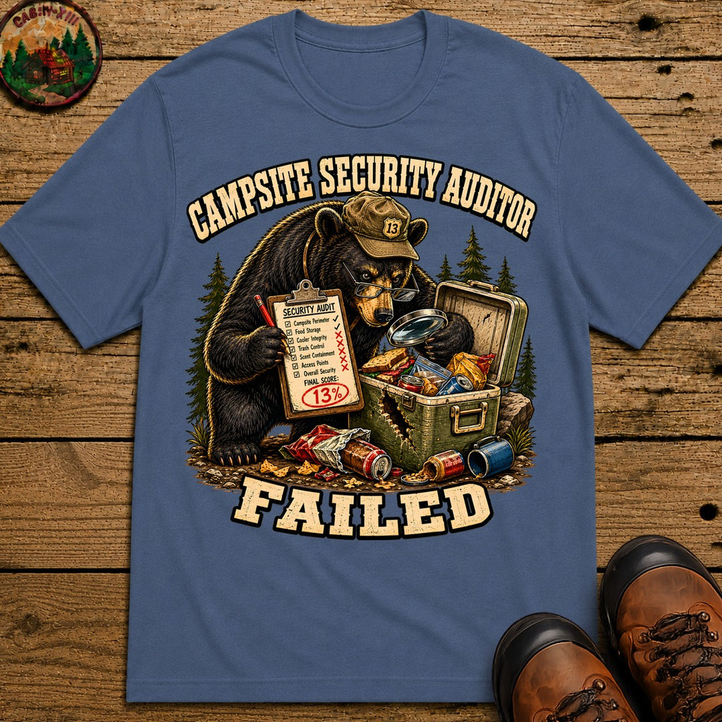 Campsite Security Auditor Failed — Funny Bear Camping Tee - Blue Jean