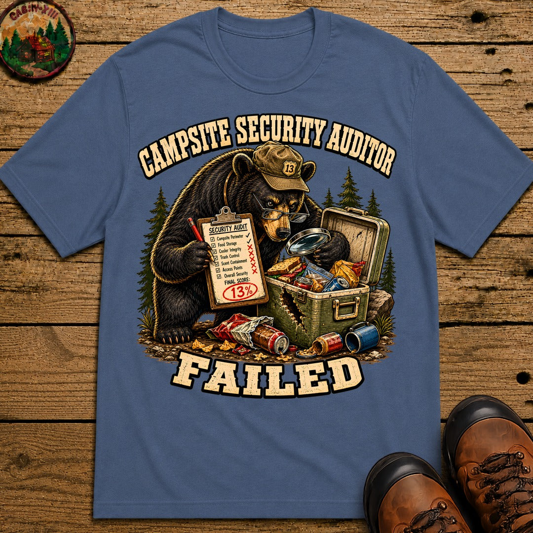 Campsite Security Auditor Failed — Funny Bear Camping Tee - Blue Jean