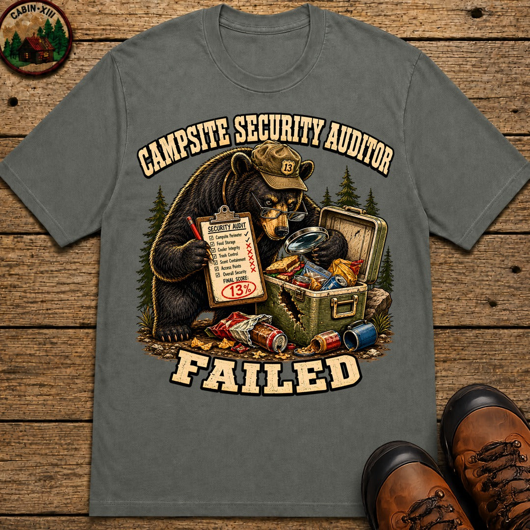 Campsite Security Auditor Failed — Funny Bear Camping Tee - Pepper