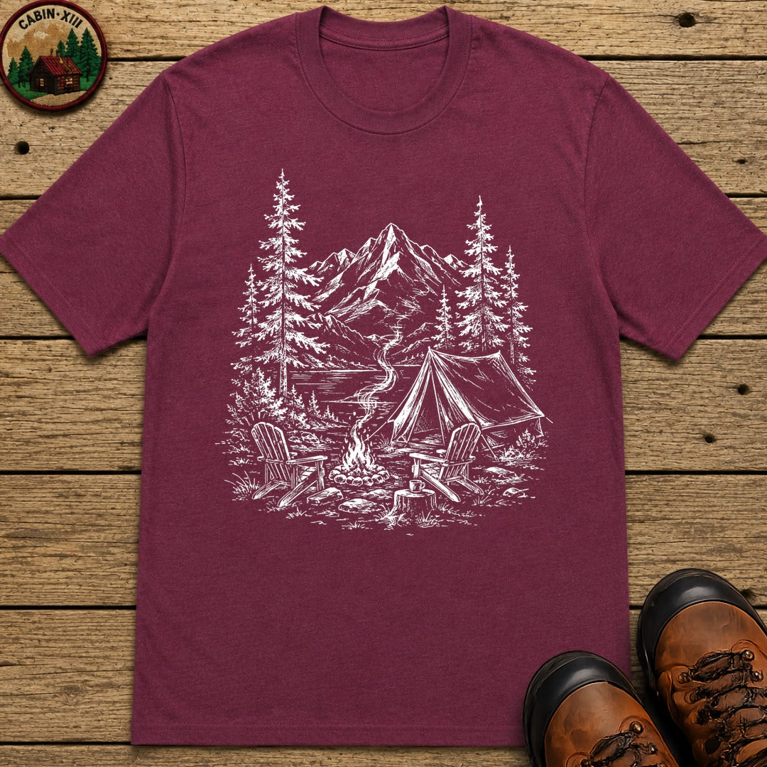 Campsite Sketch — Vintage Mountain Camp Scene Outdoor Tee - Berry