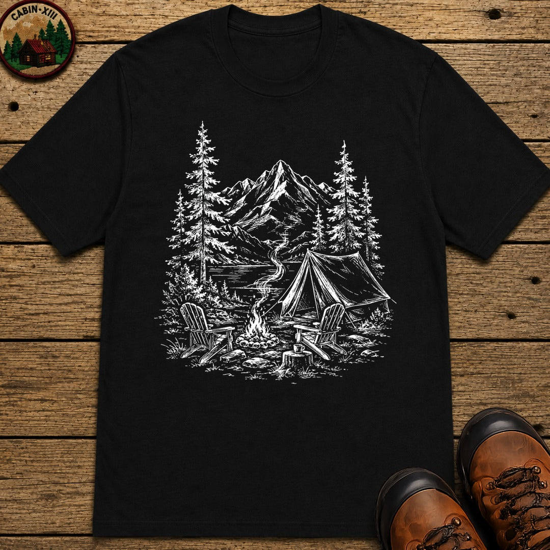 Campsite Sketch — Vintage Mountain Camp Scene Outdoor Tee - Black