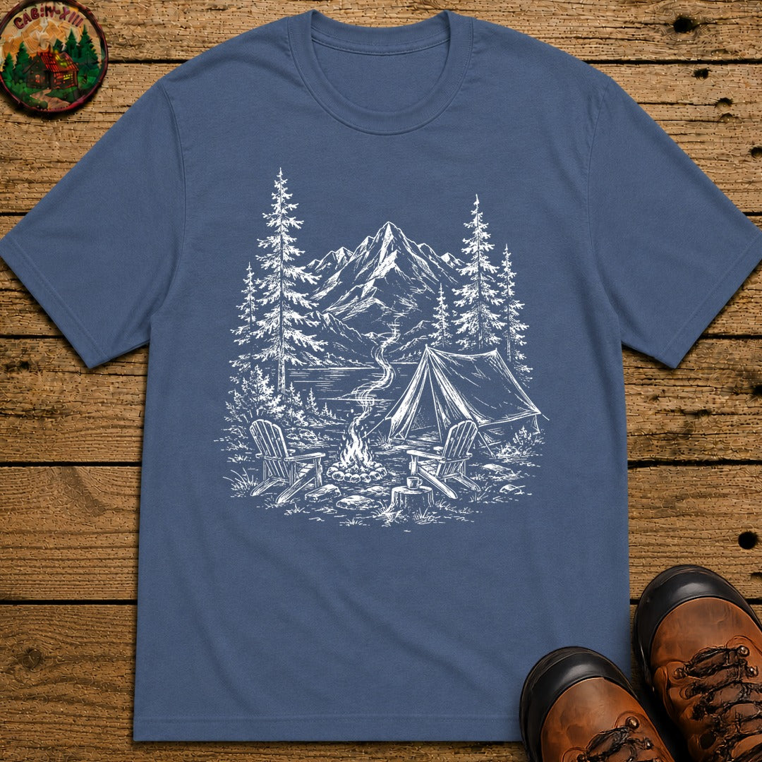 Campsite Sketch — Vintage Mountain Camp Scene Outdoor Tee - Blue Jean
