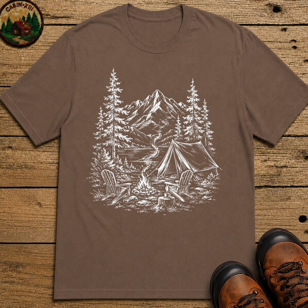 Campsite Sketch — Vintage Mountain Camp Scene Outdoor Tee - Espresso