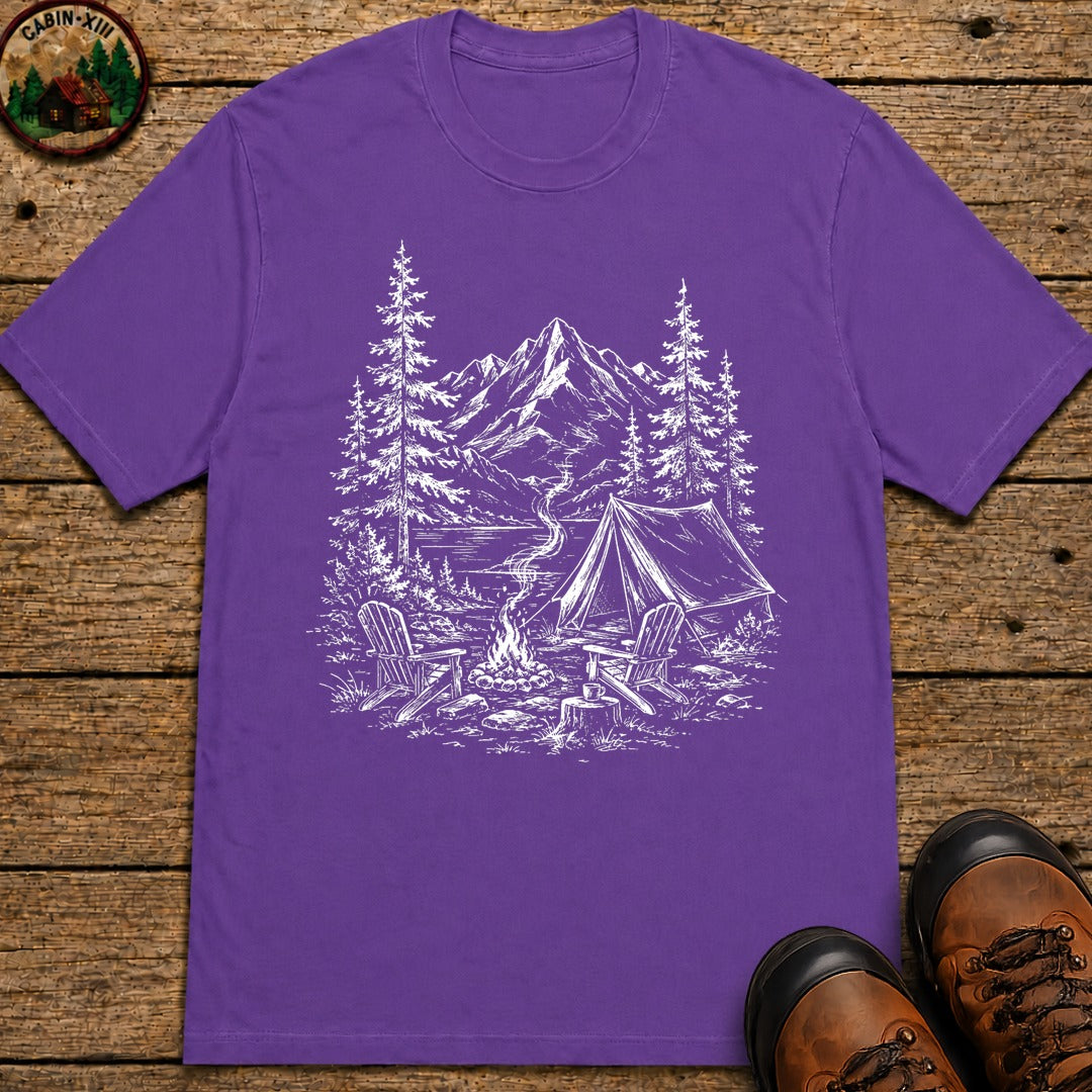 Campsite Sketch — Vintage Mountain Camp Scene Outdoor Tee - Grape