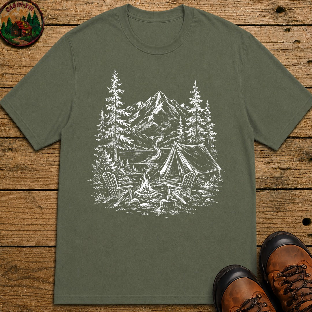 Campsite Sketch — Vintage Mountain Camp Scene Outdoor Tee - Moss