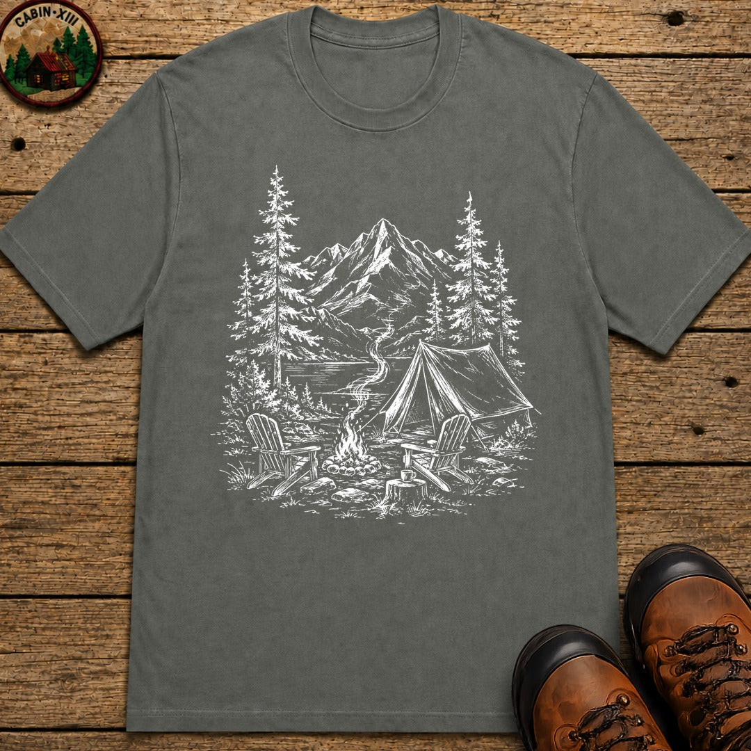 Campsite Sketch — Vintage Mountain Camp Scene Outdoor Tee - Pepper