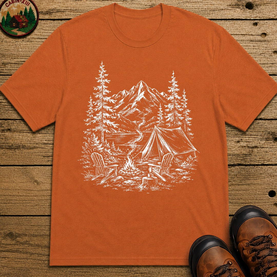 Campsite Sketch — Vintage Mountain Camp Scene Outdoor Tee - Yam