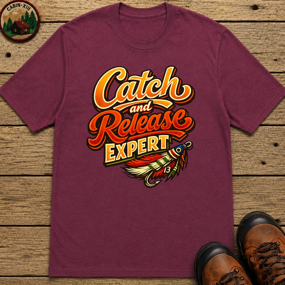 Catch and Release Expert Funny Fishing Shirt — Fly Fishing Tee - Berry