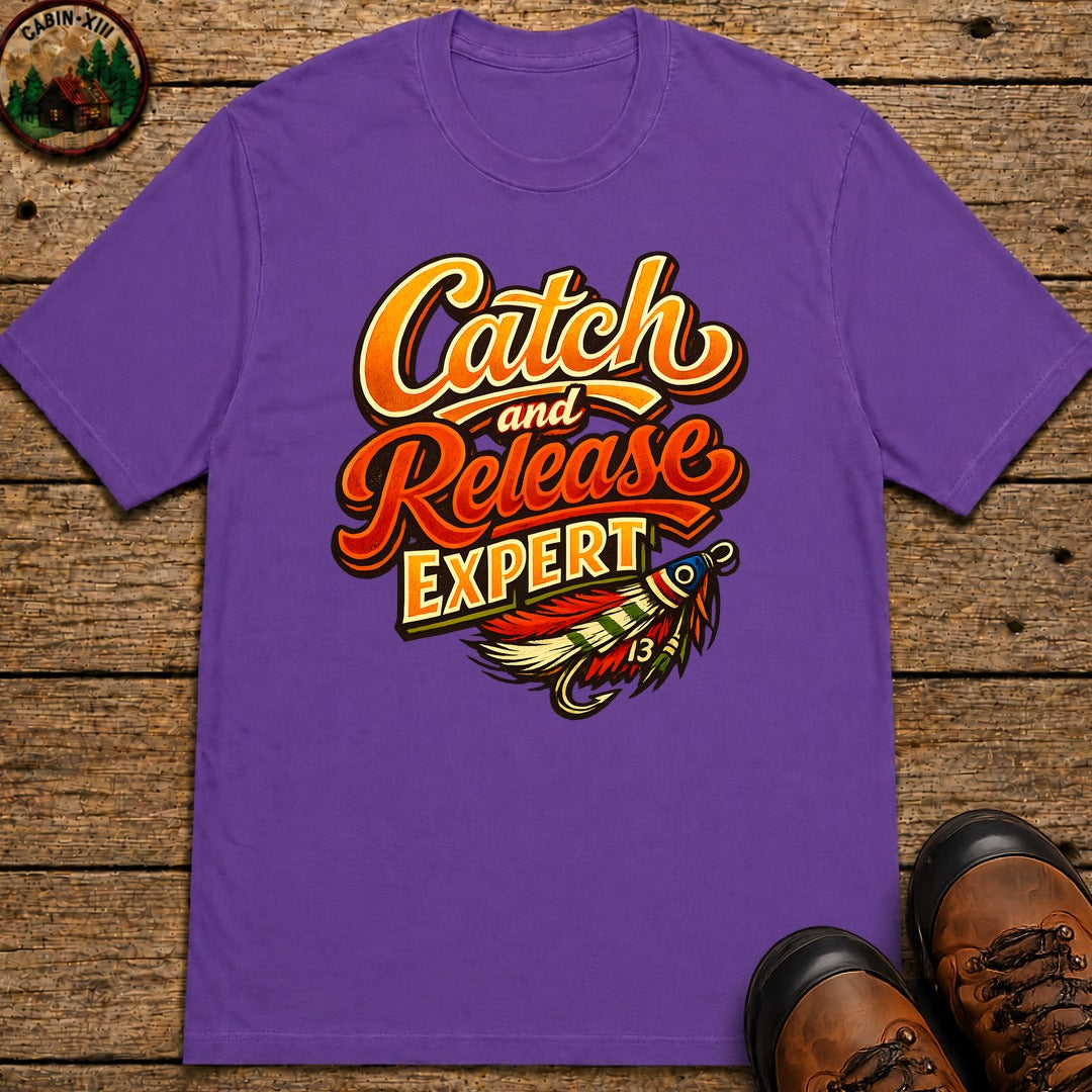 Catch and Release Expert Funny Fishing Shirt — Fly Fishing Tee - Grape