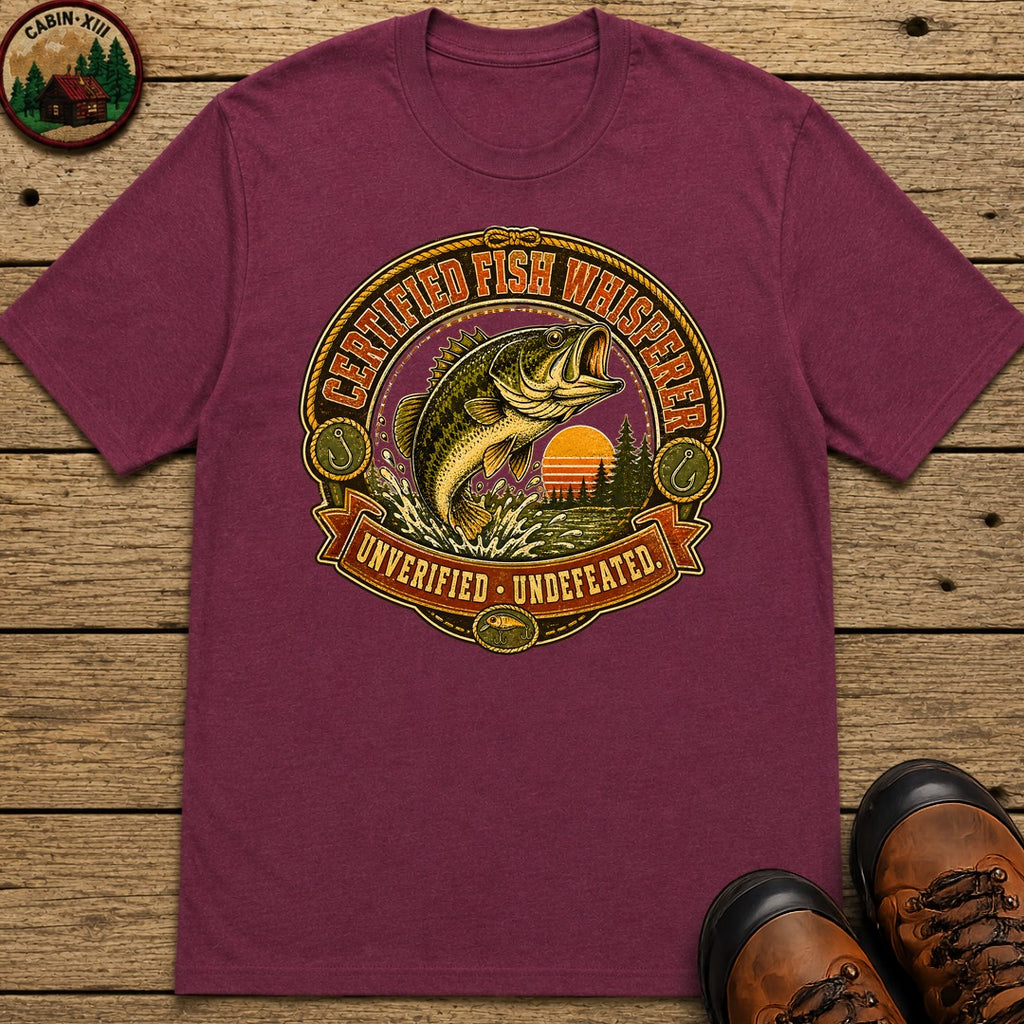 Certified Fish Whisperer Unverified Undefeated — Fishing Tee - Berry